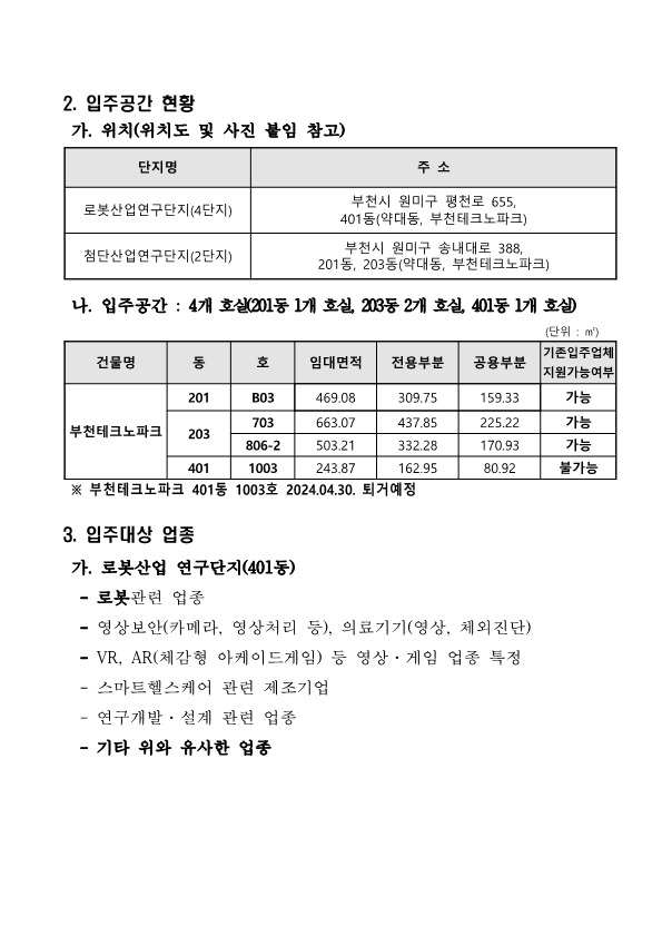 2.입주공간 현황 가. 위치(위치도 및 사진 붙임 참고) 단지명, 비고로 구성된 위치 표. 로봇산업연구단지(4단지) - 부천시 원미구 평천로 655, 401동(약대동, 부천테크노파크) 첨단산업연구단지(2단지) - 부천시 원미구 송내대로 388, 201동, 203동(약대동, 부천테크노파크) 나. 입주공간 : 4개 호실(201동 1개 호실, 203동 2개 호실, 401동 1개 호실) (단위 : m²) 건물명, 동, 호, 임대면적, 전용부분, 공용부분, 기존입주업체 지원가능여부로 구성된 표. 부천테크노파크 / 201 / B03 / 469.08 / 309.75 / 159.33 / 가능 부천테크노파크 / 203 / 703 / 663.07 / 437.85 / 225.22 / 가능 부천테크노파크 / 806-2 / 503.21 / 332.28 / 170.93 / 가능 부천테크노파크 / 401 / 1003 / 243.87 / 162.95 / 80.92 / 불가능 ※ 부천테크노파크 401동 1003호 2024.04.30. 퇴거예정 3.입주대상 업종 가. 로봇산업 연구단지(401동) - 로봇관련 업종 - 영상보안 (카메라, 영상처리 등), 의료기기(영상, 체외진단) - VR, AR(체감형 아케이드 게임) 등 영상ㆍ게임 업종 특정 - 스마트헬스케어 관련 제조기업 - 연구개발ㆍ설계 관련 업종 - 기타 위와 유사한 업종