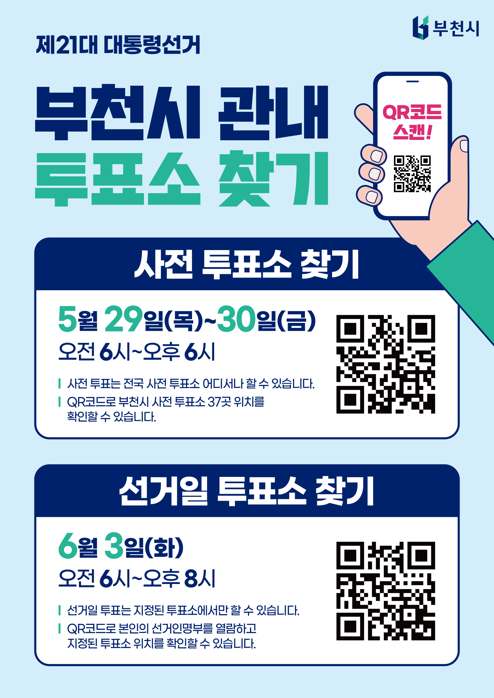 부천시 관내 투표소 찾기 이미지. 사전투표소 찾기 QR코드 이미지 중간 오른쪽에 위치, 사전투표는 5월 29일 목요일 부터 30일 금요일까지이며, 매일 오전 6시부터 오후 6시까지입니다. 사전투표는 전국 사전투표소 어디에서나 할 수 있으며, QR코드를 통해 부천시 사전투표소 37곳의 위치를 확인하실 수 있습니다. 선거일 투표소 찾기 QR코드 이미지 하단 오른쪽 위치, 6월 3일 화요일 오전 6시부터 오후 8시까지 본 선거일이며, 지정된 투표소에서만 할 수 있습니다. QR코드로 본인의 선거인명부를 열람하고, 지정된 투표소 위치를 확인할 수 있습니다.